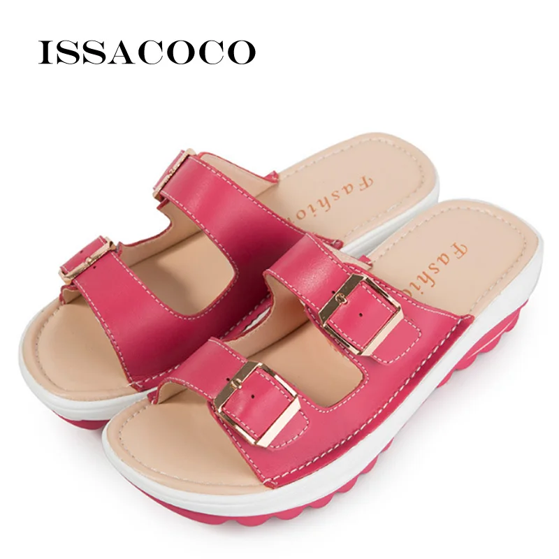 ISSACOCO Summer Womens’ Slippers Buckle Real Leather Slides Shoes Solid Thick Sole Heels Beach Sandals Home Slippers Flip Flops