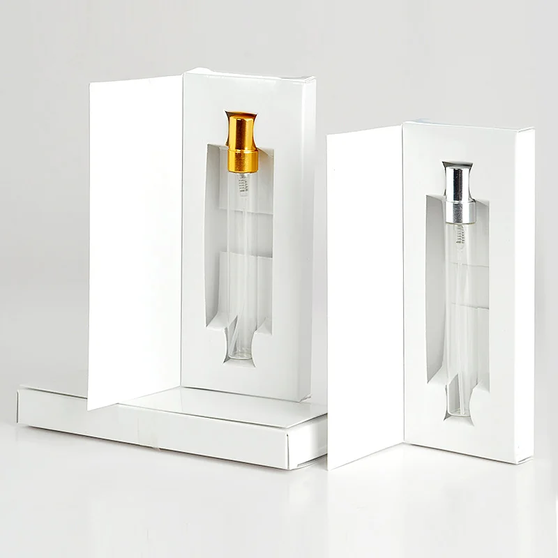 50 pezzi/lottp flacone di profumo da 10ML con scatole di carta con Logo personalizzabile flacone di profumo in vetro Spray atomizzatore vuoto