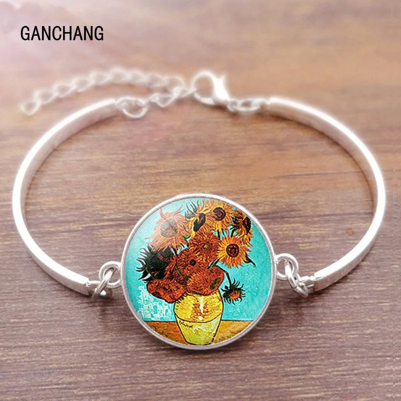 Van Gogh metal bracelet men and women fashion glass convex round dome convex starry night jewelry sunflower fashion gift