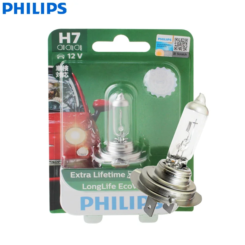 Philips LongLife Eco Vision H7 12V 55W PX26d 12972LLECOB1 Car Halogen Headlight Auto Bulb Fog Lamp OEM Higher Lifetime (Single)