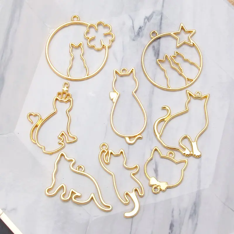 9Pcs Cute Cat Pendant Metal Frame Jewelry Making UV Resin Charms Bezel Setting