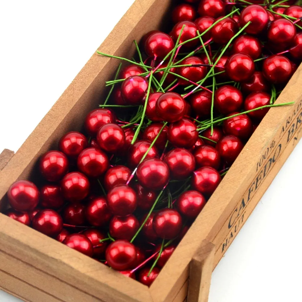 30pcs Red Pearl Plastic Stamens Bead Artificial Flower small Berries Cherry For Wedding Christmas Decoration Cake Box Wreaths