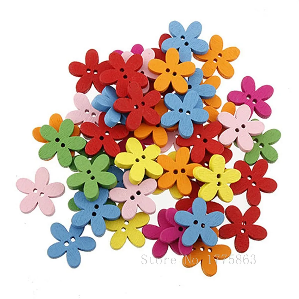 100 Pcs 15mm Colorful Flower Flatback Wooden Buttons , for Sewing, Scrapbooking Crafts , 7NK75