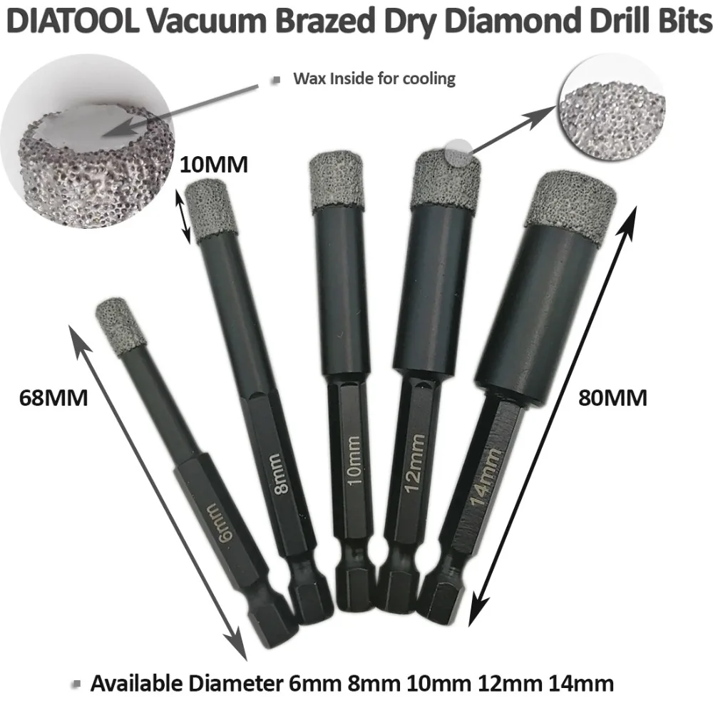 DIATOOL 3PK (6MM+8MM+10MM)Vaccum Brazed Diamond drilling bits for stone porcelain/tile Masonry Dry drilling quick-fit Shank