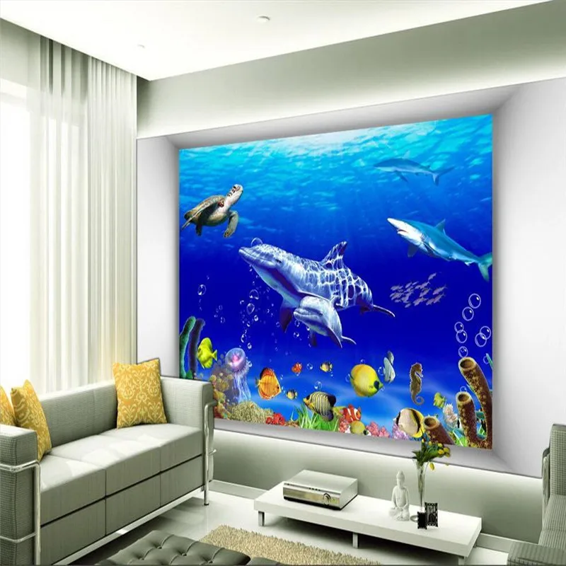 beibehang mural art decor picture backdrop Underwater World Dolphin Hotel turtles sharks restaurant painting mural panel