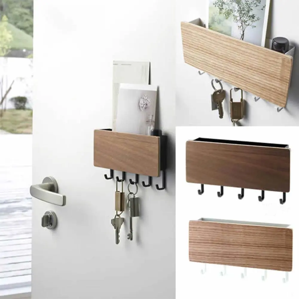Wooden Wall Shelf with Storage and Key Hanger