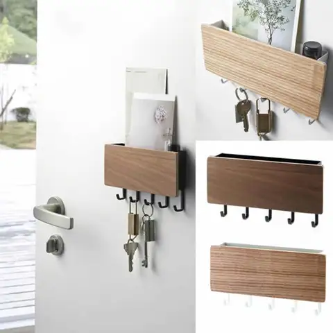 Wooden Wall Shelf with Storage and Key Hanger Strongwell
