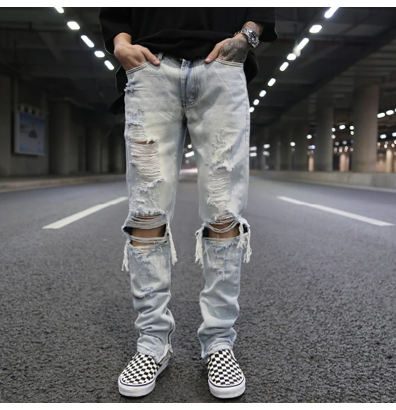 Pantalones vaqueros con cremallera inferior y agujeros en la rodilla para hombre, ropa de calle, pantalones de Hip Hop para correr, rasgados y delgados, nueva moda