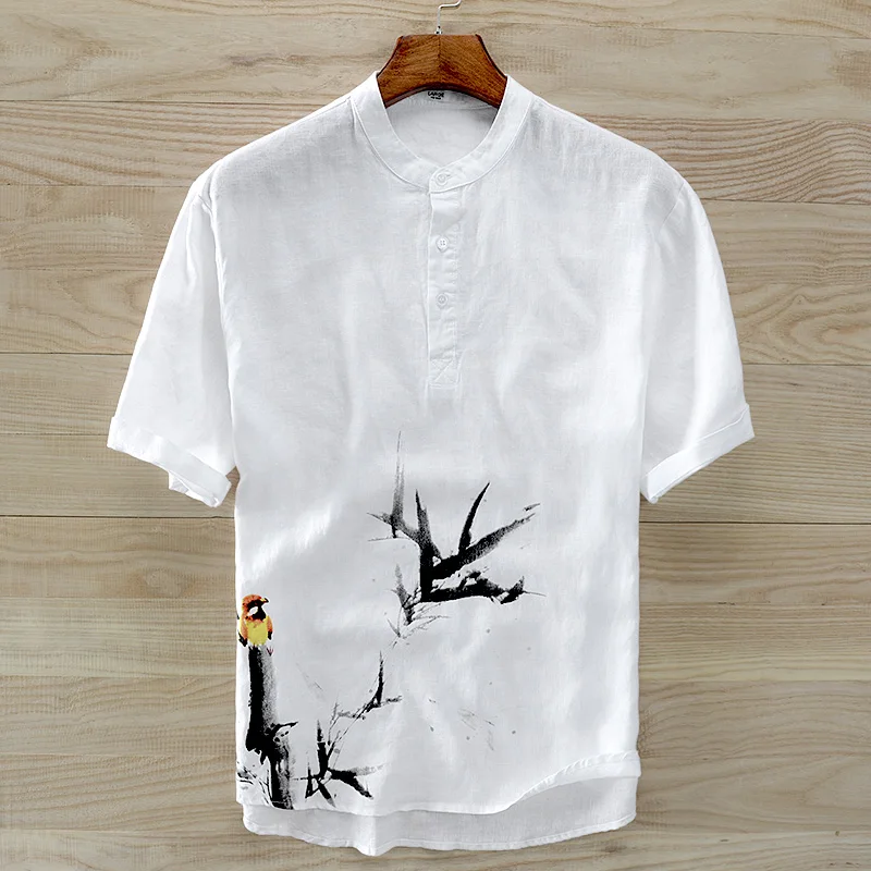 Camisa de lino puro de manga corta con cuello levantado para hombre, Camisa blanca de lino con estampado de pintura de tinta china