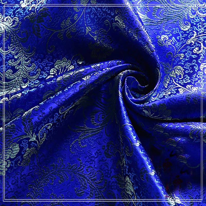 High quality brocade jacquard polyester blue background golden Phoenix Tail fabric for patchwork tissue women dress by 100x90