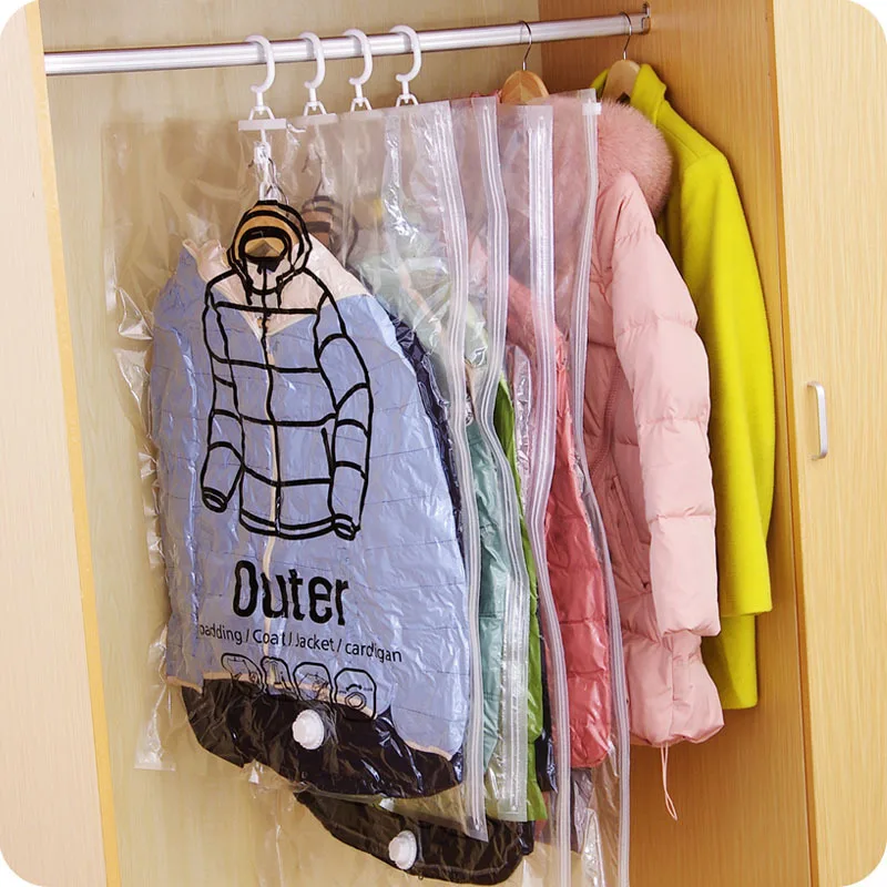 1pc Closet Hanging Organizer Vacuum Bag for Clothes Storage Bag with Hanger Space Saving Clear Seal Bags Wardrobe Compressed Bag