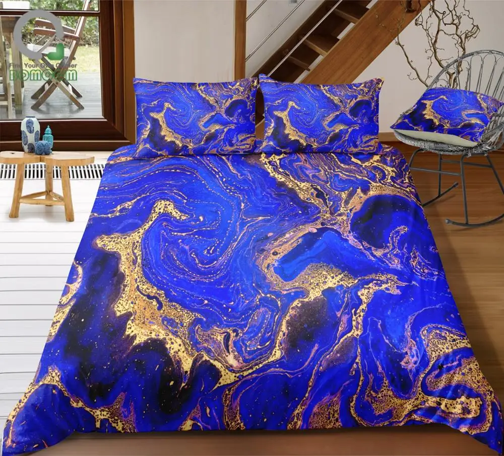 BOMCOM 3D Digital Printing Duvet Cover Set Natural Luxury Marble Texture Golden Wave Bedding Set 100% Microfiber Royal Blue