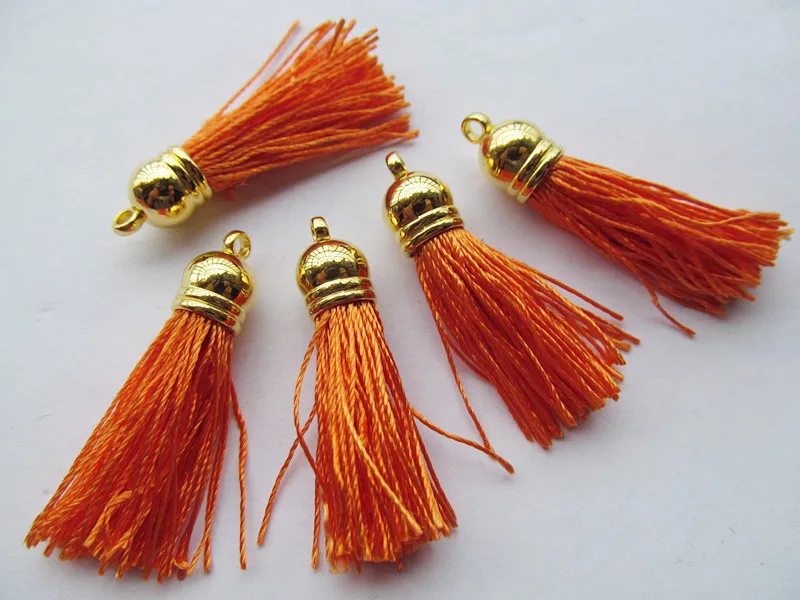 Free Shipping 100Pcs 45mm Golden Plastic Caps Handbag Tassels,DIY Accessory,Orange Twist Silk Cord,Chamois Macrame Bag Component