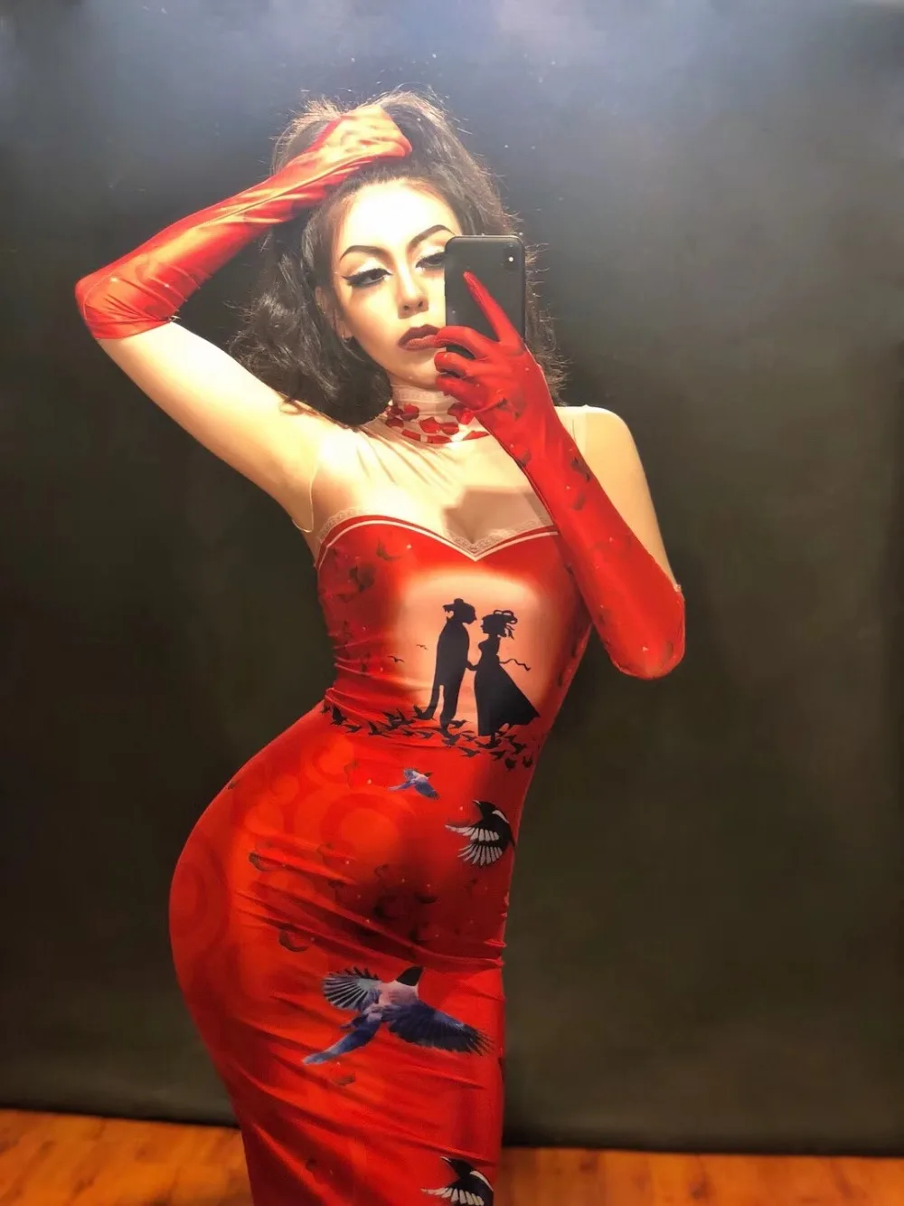 

Women Sexy Nightclub Stage Red Long Dress Sleeveless 3D Printing Tanabata Story Party Celebrate Performance Singer Stage Wear