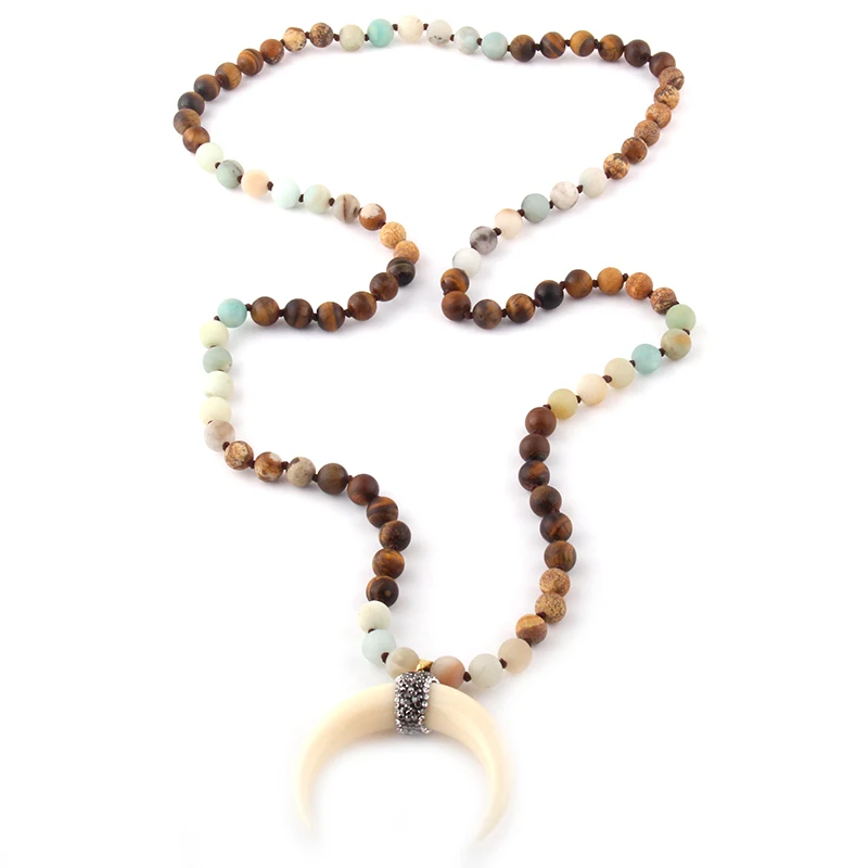 Fashion Bohemian Tribal Jewelry Multi Stone Knotted Ox Horn Moon Pendant Necklace For Women