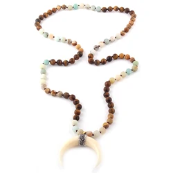 Fashion Bohemian Tribal Jewelry Multi Stone Knotted Ox Horn Moon Pendant Necklace For Women