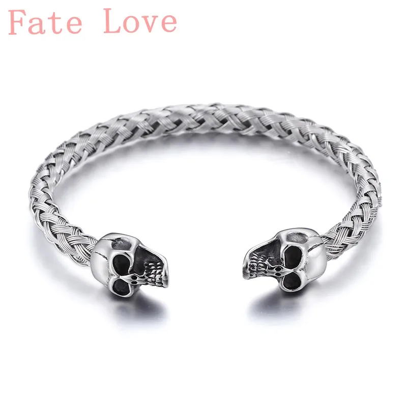 Stainless Steel Cuff bangle Biker skull End Open Bracelet knot Wire chain xmas Gifts