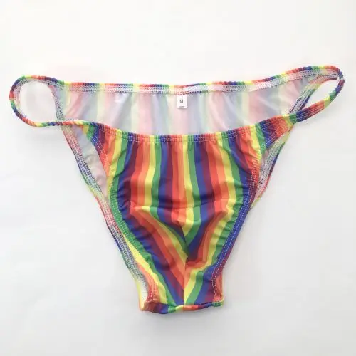 Mens String Bikini Stripe Jersy nylon Spandex G3774 Narrow Waist Rainbow Stripes Swimsuit Fabric