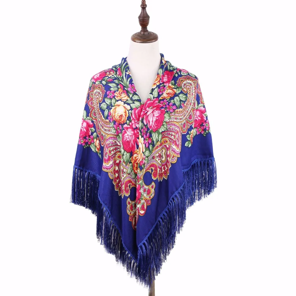 Fashion folk art 140*140 National Wind Twill Cotton and silk Tassel Russian Style high qualiy Print Scarf Shawl Floral Headscarf