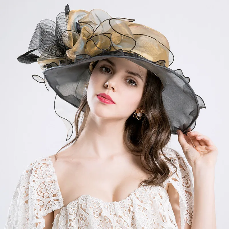 

Fedoras Hat New Summer Flowers UV Protection Sunscreen Cap Women Fashion Veil Mesh Church Hats Ladies Elegant Caps H6528