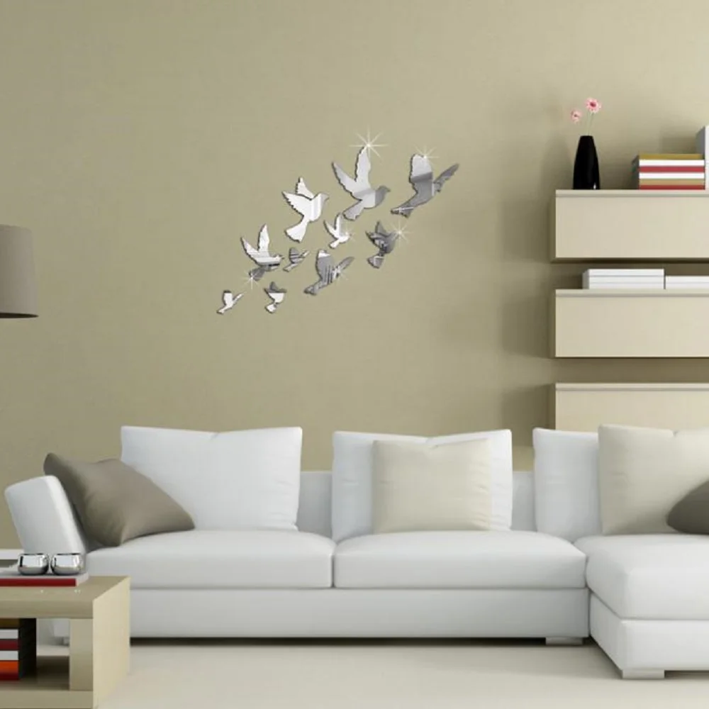 10pcs Peace Pigeons Pattern Flying Birds Acrylic 2014 Crystal Reflective DIY Mirror Effect 3D Wall Stickers Home Decoration