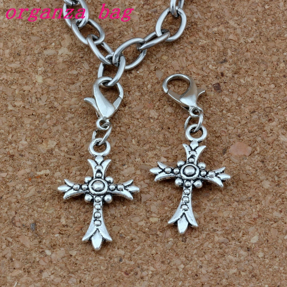 100Pcs Zinc Alloy Crucifix Cross Charms Bead With Lobster Clasp Fit Charm Bracelet DIY Jewelry 15x38mm A-269b