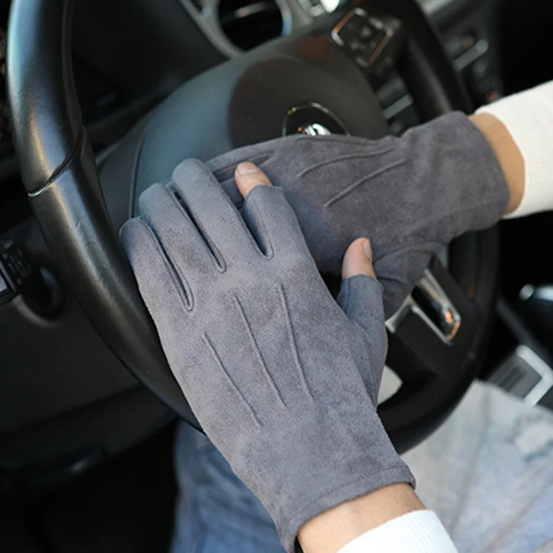 Autumn And Winter New Thickening Imitation Suede Unisex Exposed Two Fingers Non-Slip Driving Gloves Half Finger SZ043-5