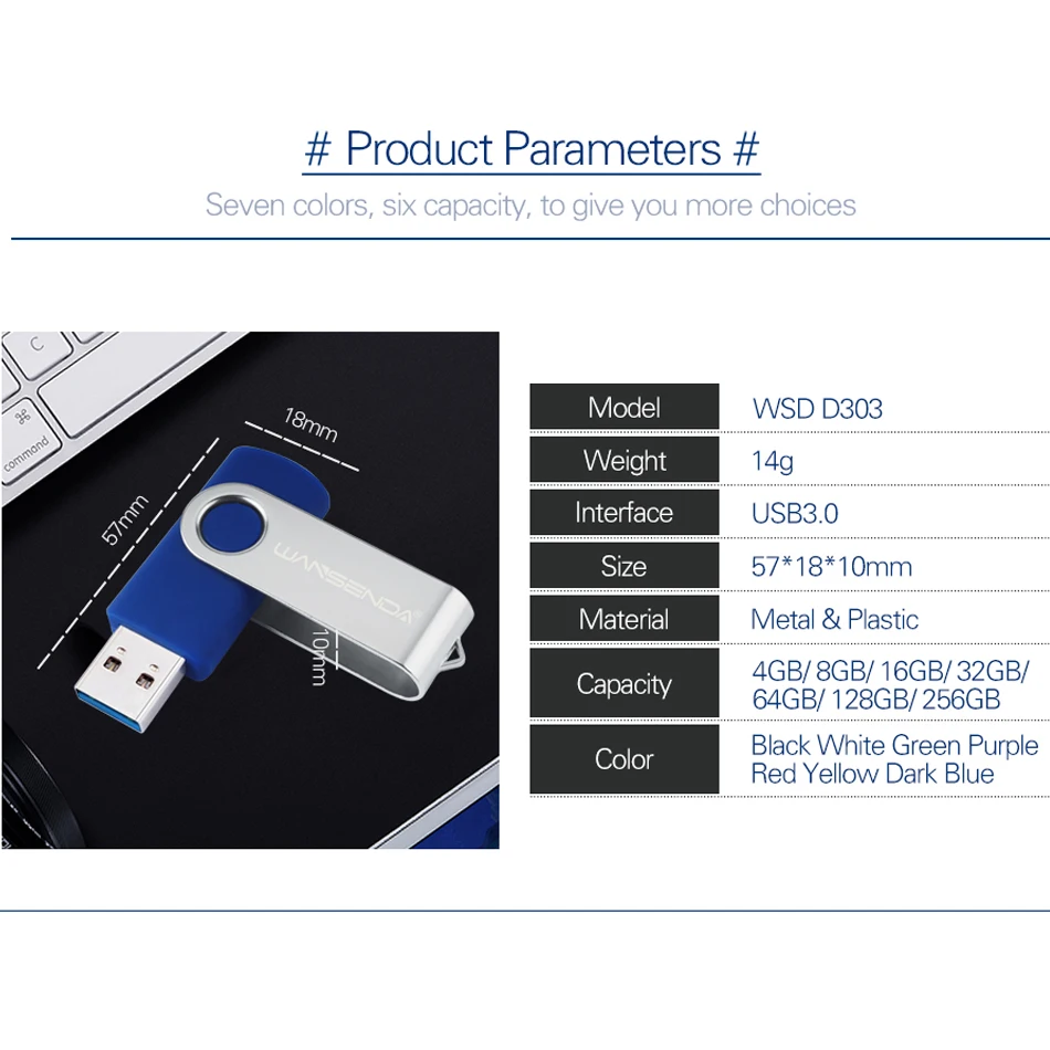 WANSENDA USB 3.0-Flash-Laufwerk Thumbdrive 256 GB 128 GB 64 GB 32 GB 16 GB 8 GB Pendrive Tragbarer schwenkbarer Memory Stick FlashDisk