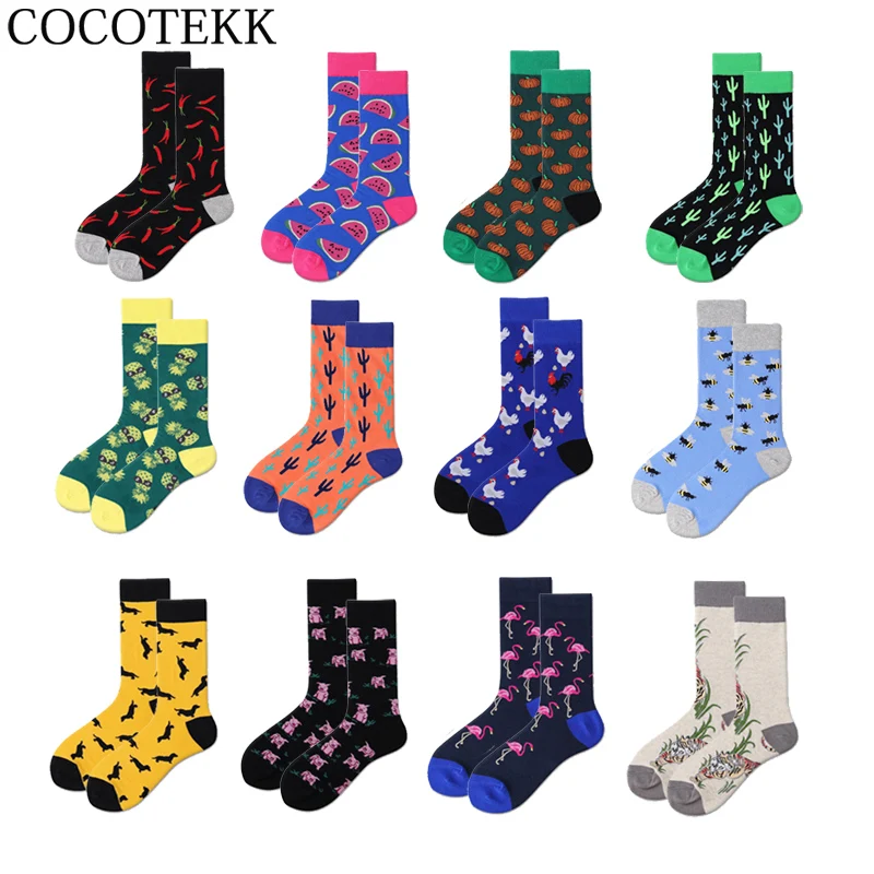 Colorful Cotton Men Crew Socks Creative Funny Harajuku Happy Wedding Socks Cactus Pumpkin Pineapple Animal Fruits Socks Gifts