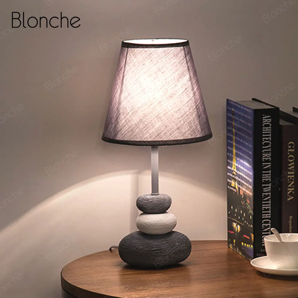 

Modern LED Table Desk Lamp Fabric Lampshade Creative Cobblestone Light Fixtures for Bedroom Living Room Study Lamp Art Luminaire