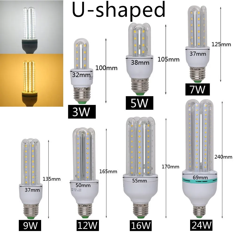 New U shaped LED E27 Light Lamp Corn Blub 24W 18W 12W 9W 7W 5W 3W Bivoit AC 85V-265V SMD 2835 Bulb Energy Saving Led For Home LR