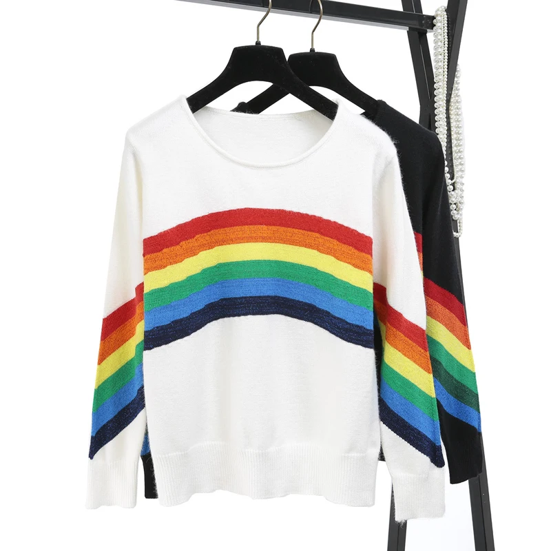 Korean Style Striped Sweater Fashion Rainbow Pattern Wild Slim Thin Autumn Knitting Sweaters And Pullovers YC7020