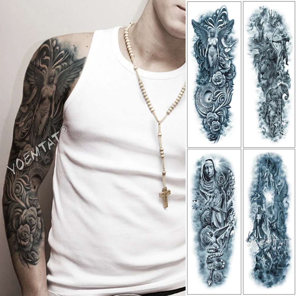 

Large Arm Sleeve Tattoo Baroque Clock Rose Waterproof Temporary Tattoo Sticker Pigeon Angel Saint Men Full Skull Totem Tatoo