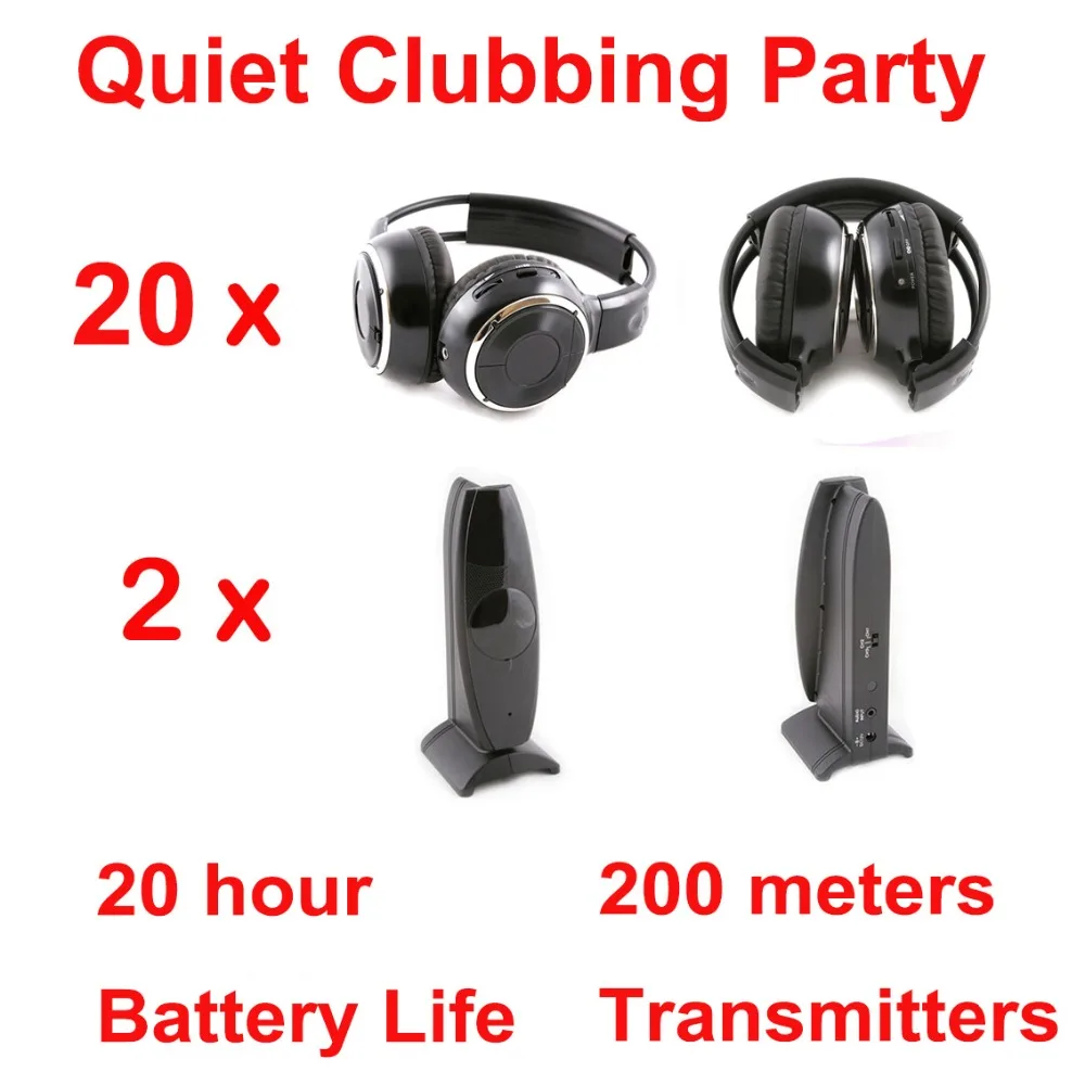 Professional Quiet Clubbing Party Silent Disco Folding Headphones Bundle (20 Headsets + 2 Transmitters)