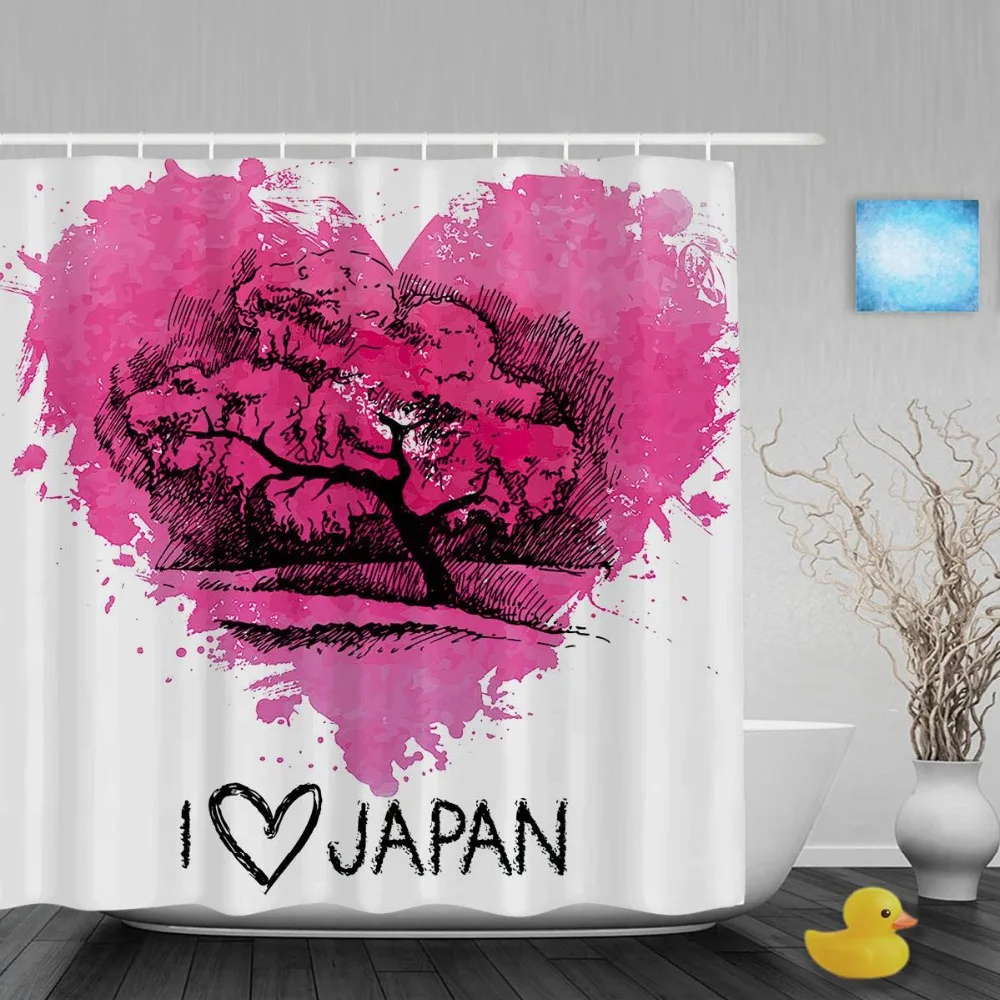 Sktech Shower Curtain Pink Watercolor Heart Whith Tree Bathroom Shower Curtains Valentine Waterproof Polyester Fabric With Hooks