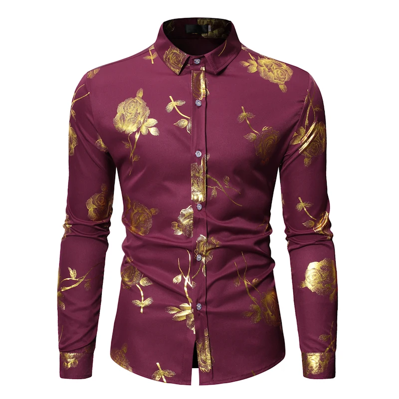 Herren Gold Rose Floral Print Shirts Marke Floral Steampunk Chemise Weiß Langarm Hochzeit Party Bronzing Camisa Masculina