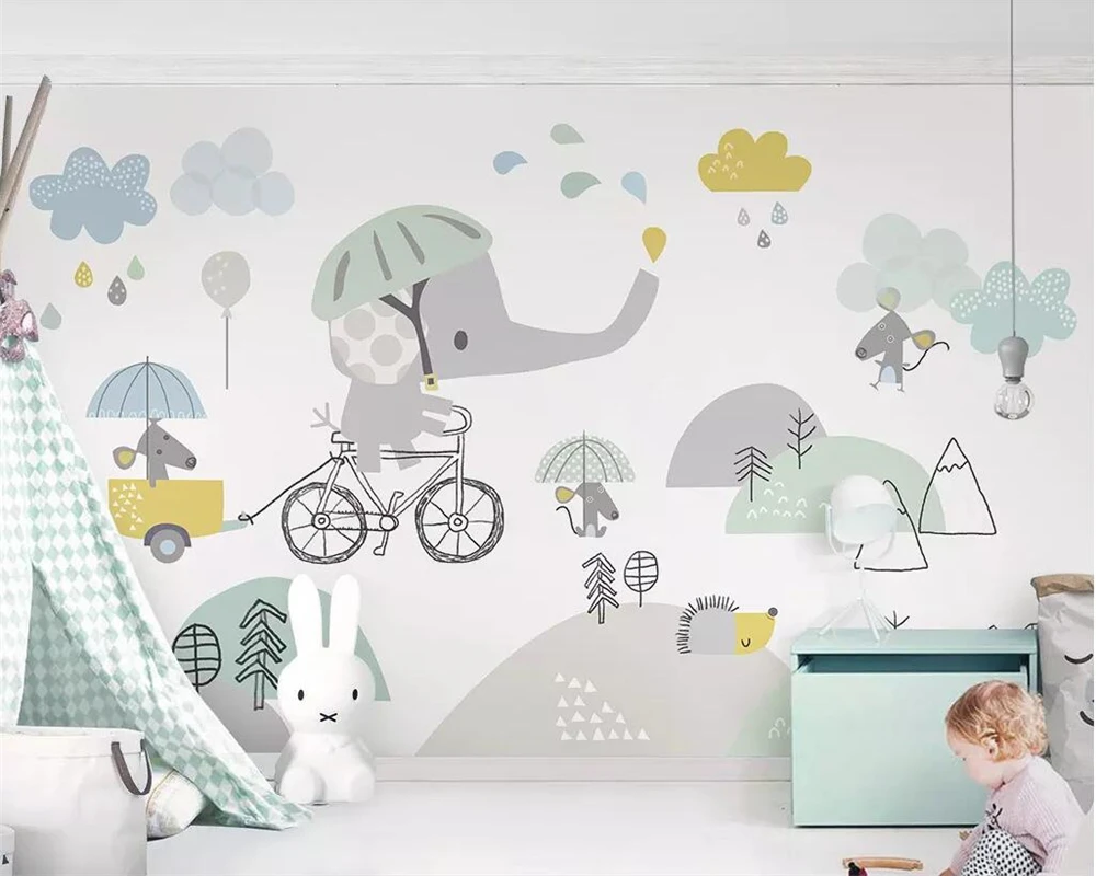 

Custom wallpaper baby room cartoon elephant riding bicycle animal children background wall decoration painting 3d wallpaper