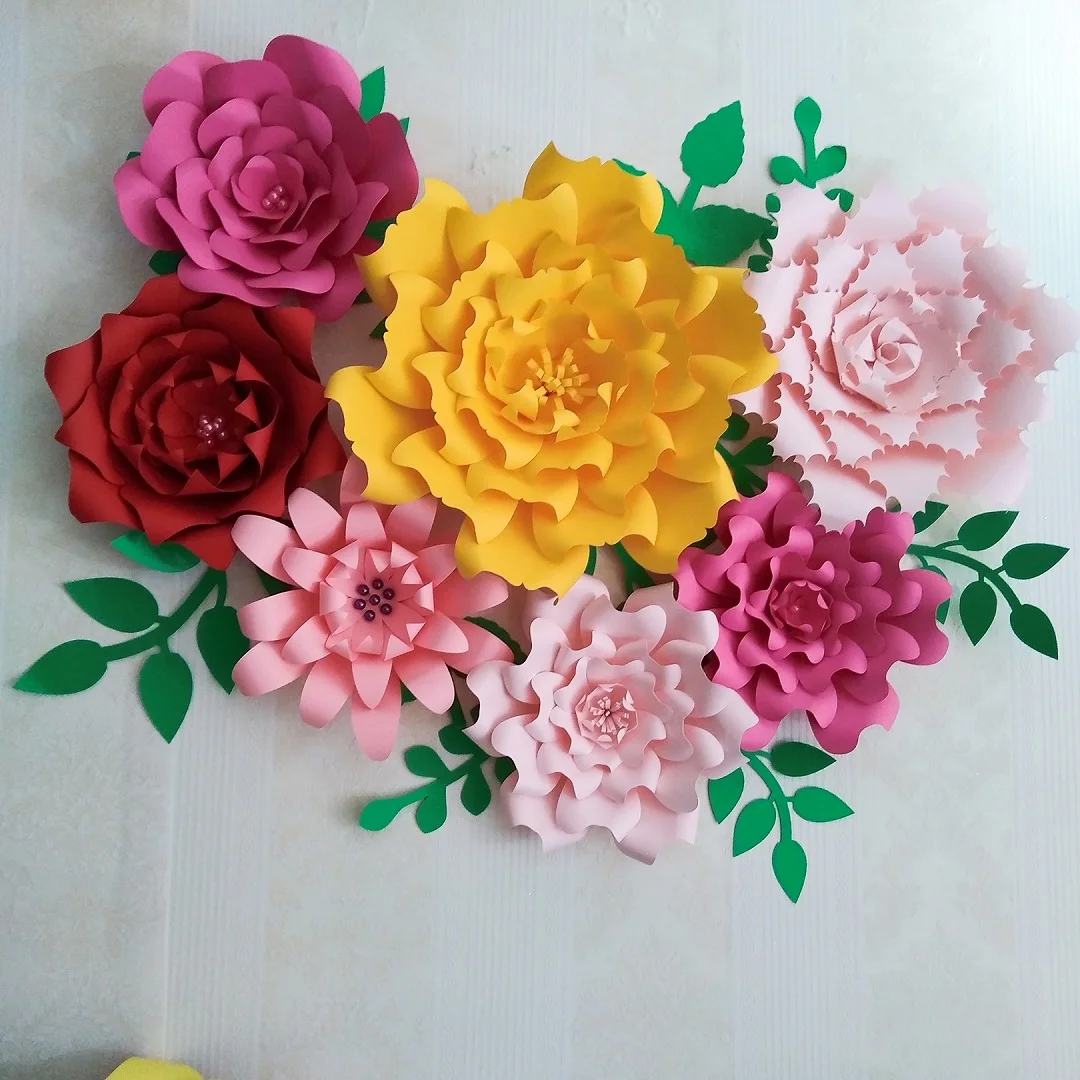 

2018 Paper Flower Backdrop Giant Paper Flowers 7PCS + Leaves 10pcs Mix Colors & Styles Wedding Centerpiece Baby Nursery