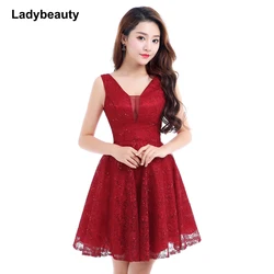 Ladybeauty Short Prom Dresses 2019 Elegant Lace sequins Burgundy Bride Formal Party Dresses Evening Gown Vestido De Festa Curto