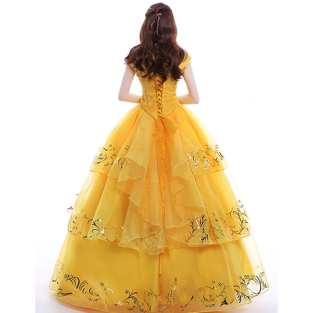 Moive Beauty And Beast Belle Cosplay Costume Adult Bella Princess Yellow Dress Women Girls Halloween Party Dresses Top Quality