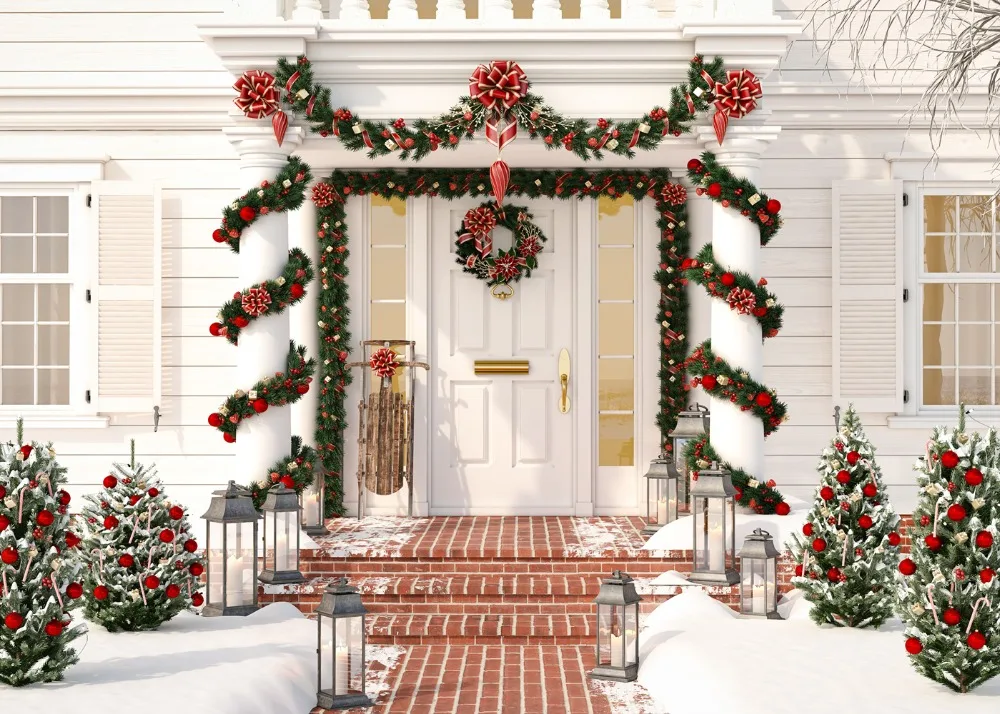 Capisco Christmas photography backdrop porch door wreath snow tree background photobooth photo sessions shoot photocall