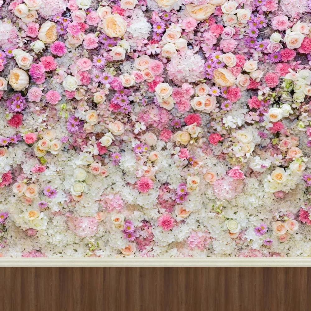 

Cymbozin Flower Wall Backdrop for Wedding Photography Baby Girls Kids Photo Studio Background Wood Floor