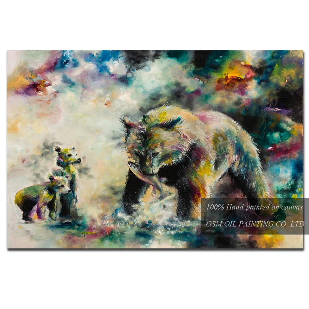 

Excellent Artist Pure Hand-painted High Quality Strong Bear Oil Painting on Canvas Handmade Mother and Baby Bear Oil Painting