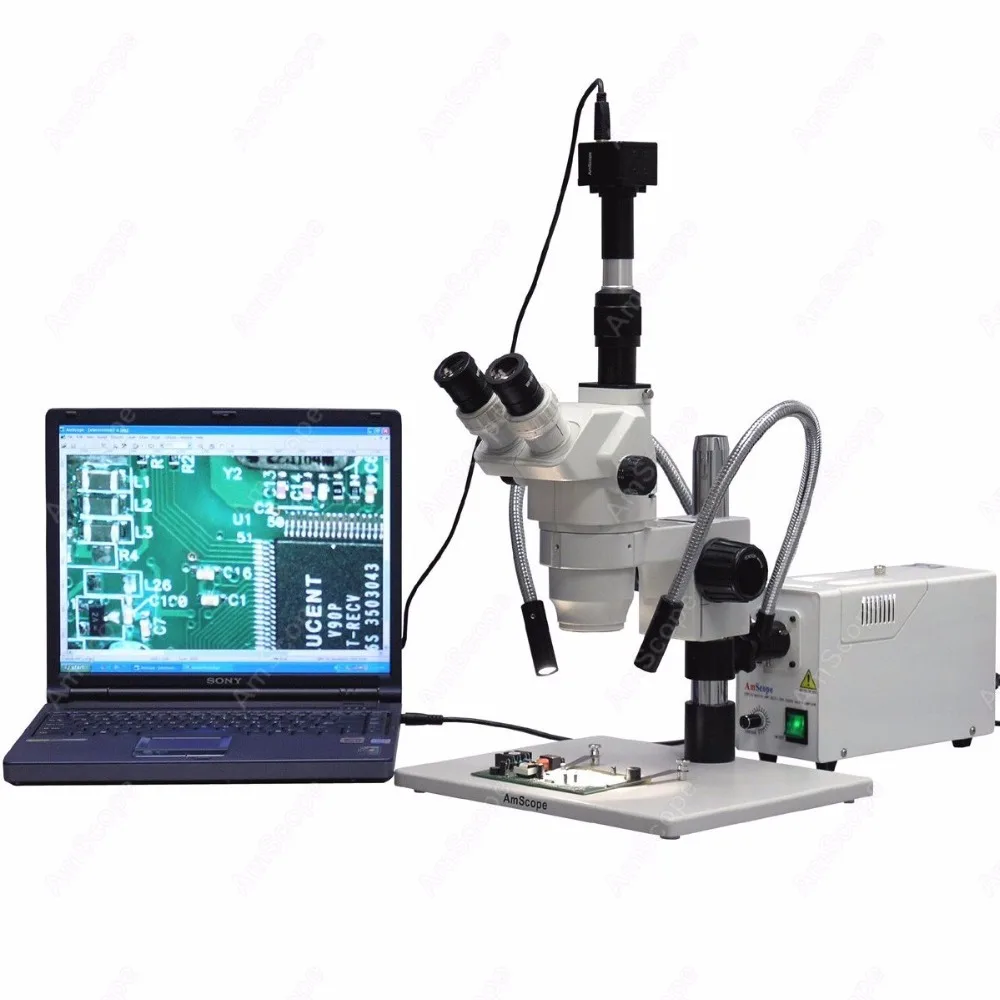 

AmScope Zoom Stereo Microscope 2X-225X on Large Pillar Stand+ 1.3MP Camera and Fiber-Optic Dual-Gooseneck Light