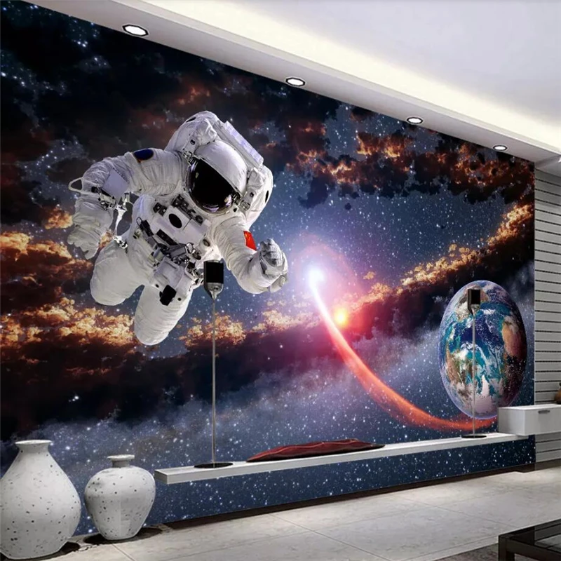 wellyu Custom Wallpaper 3d Photo murals Space Astronaut Earth Planet Solar System Milky Way Background wall 3d papel de parede