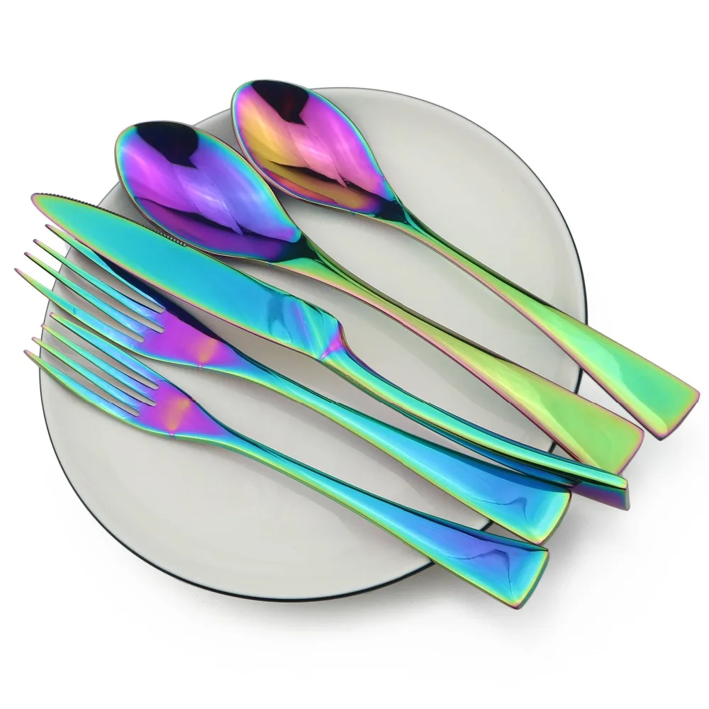 JANKNG 1-Pieces Rainbow Dinnerware Set Colorful Mirror Tableware Set Stainless Steel Western Cutlery Set Kitchen Accessories