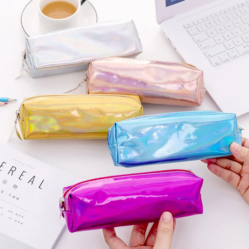 1Pcs Korea Kawaii Pencil Case Magic Laser Rose Gold Pvc Pencil Bag Pouch Stationery Office School Supplies