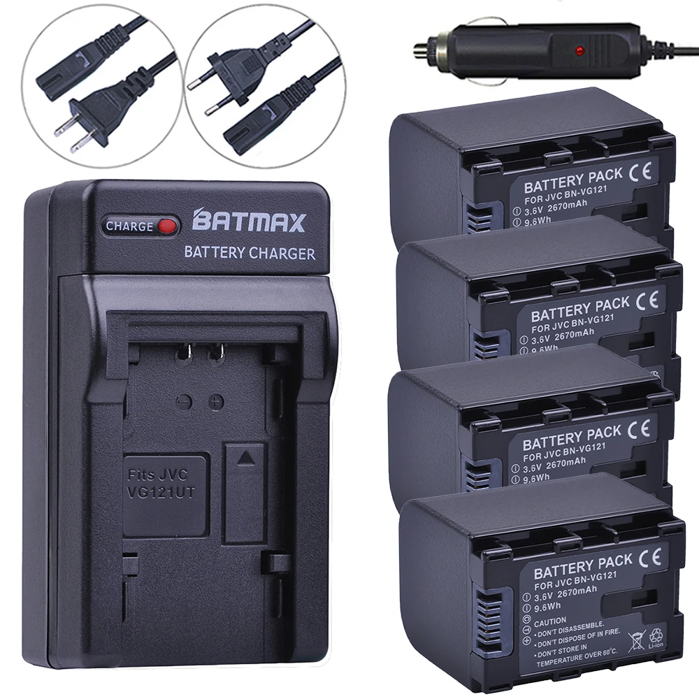 

4Pcs 2670mAh Battery + Wall Charger Kits for JVC BN-VG121 BN VG121 Battery GZ-HD620 GZ-HM550 GZ-HM860 GZ-HM960 GZ-HM970 GZ-HM855