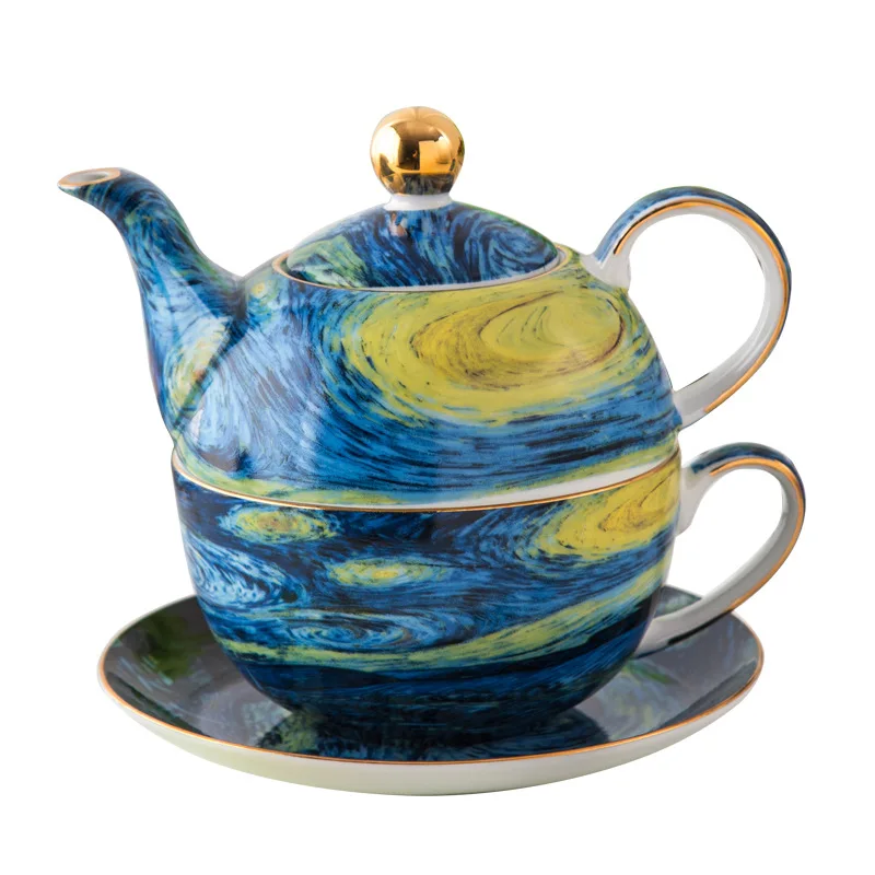 Top Grade Bone China Coffee Tea pot Vincent Willem Van Gogh Famous Painting The Starry Night Art Cup Dish Set