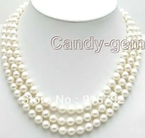 

free shipping SALE Big 7-8mm naural White Pearl 3 Strands Necklace Silver Clasp 17-19"